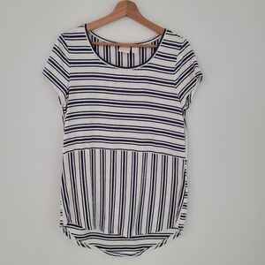 Chico's Womens Size 0 small Top White Blue High Low Cap Sleeve